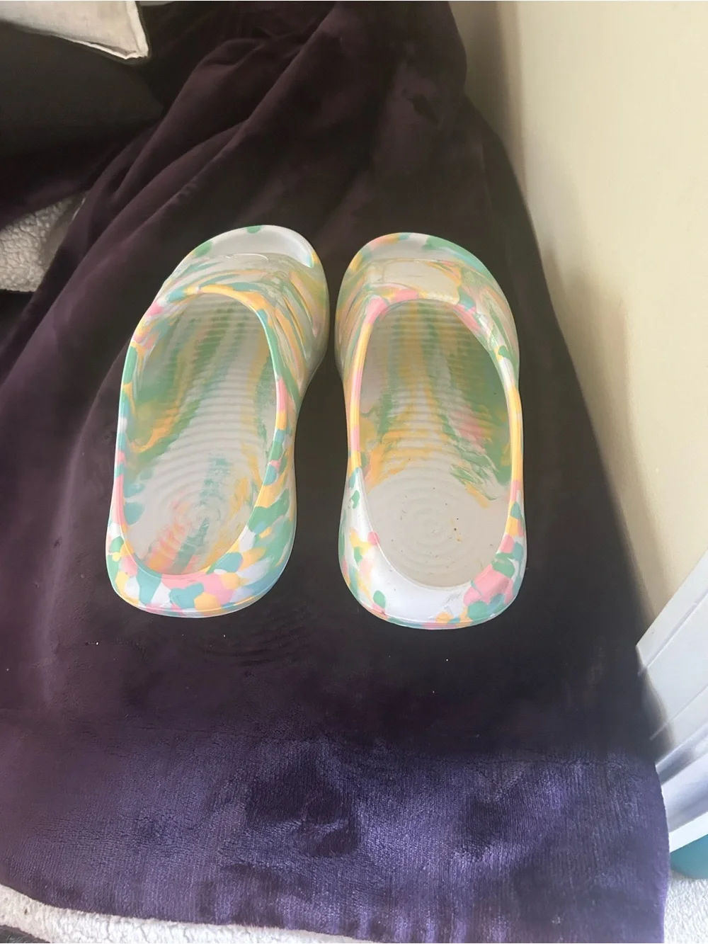 ADIDAS Marble Pastel Slide Sandals - White with Mint, Pink & Yellow